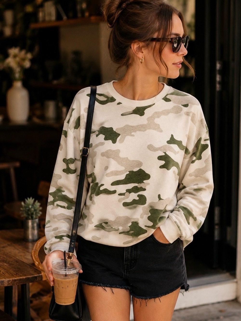 Sundry NWT Camo Boxy Crewneck Sweatshirt in Cream Olive, Size 1 Small